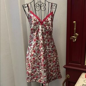 Floral Satin Teddy- Slip Dress with Red Accents